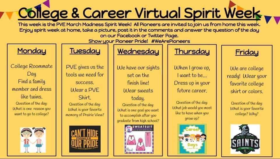 College & Career Virtual Spirit Week | Prairie View Elementary School